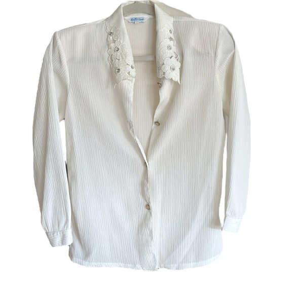 ROYAL DEL Vintage 70s White Crepe Button Down Shirt Lace Embellished Collar S - Picture 14 of 15